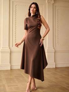 ZEYLAH Spring/Summer Asymmetric Hem Asymmetrical Shoulder Dress - Coffee - View 6