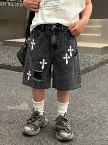 SHEIN Kids Tween Boy Casual Daily Denim Shorts With Cross Pattern And Pockets - Black - View 4
