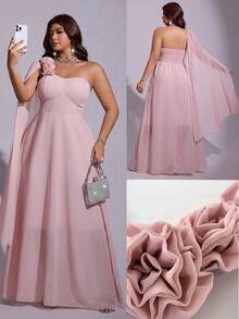 Viva Relle Plus Size Women's Summer Pink Sexy Low Cut One Shoulder 3D Floral Decor Cami Waist-Cinched Double Layer A-Line Maxi Dress, Elegant Party Dress, Graduation Prom, Sexy Date, Women's Holiday Outfit, Sexy Women's Clothing - Pink - View 1