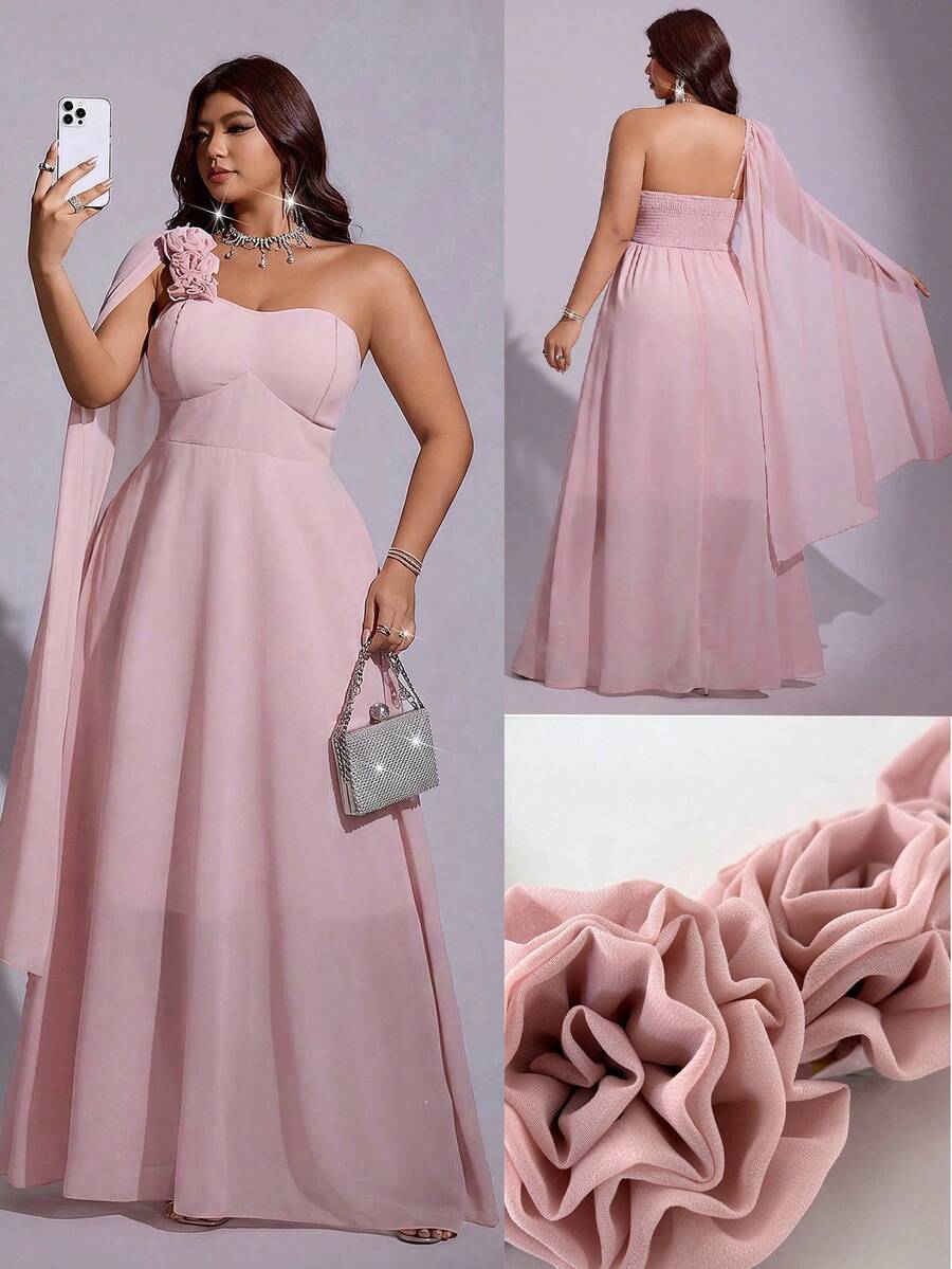 Viva Relle Plus Size Women's Summer Pink Sexy Low Cut One Shoulder 3D Floral Decor Cami Waist-Cinched Double Layer A-Line Maxi Dress, Elegant Party Dress, Graduation Prom, Sexy Date, Women's Holiday Outfit, Sexy Women's Clothing - Pink - View 1