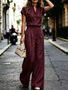 RosyDaze Women's Solid Color Notch V-Neck Shirt And Wide Leg Pants Casual 2 Pieces Set - Burgundy - View 3