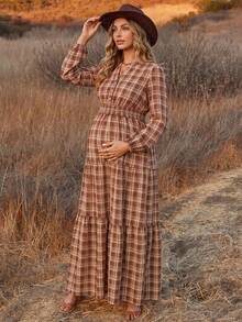 Boho Mama Plaid Pleated Casual Sexy Daily Photoshoot Maternity Dress Autumn Burgundy - Burgundy - View 5