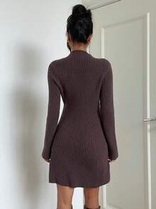 Aloruh Women's Autumn/Winter New Ribbed Dark Brown A-Line Long Sleeve Sweater Dress Work Everyday Daily Casual - Brown - View 2