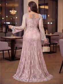 Auveirra Plus Size Women Square Neck Flare Sleeve Elegant Lace Dress Fall - Pink - View 2