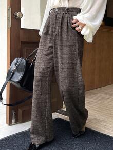 DAZY Autumn/Winter Straight Leg Loose Plaid Wool Fabric Commuter Style Women's Wide Leg Pants - Brown - View 7