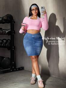 Flexra Plus Size Women's Fall Summer Casual Criss-Cross Waist Elastic Denim Mini Skirt Waist Corset Buttock Lift Sportswear Work Outfits For Women - Medium Wash - View 9