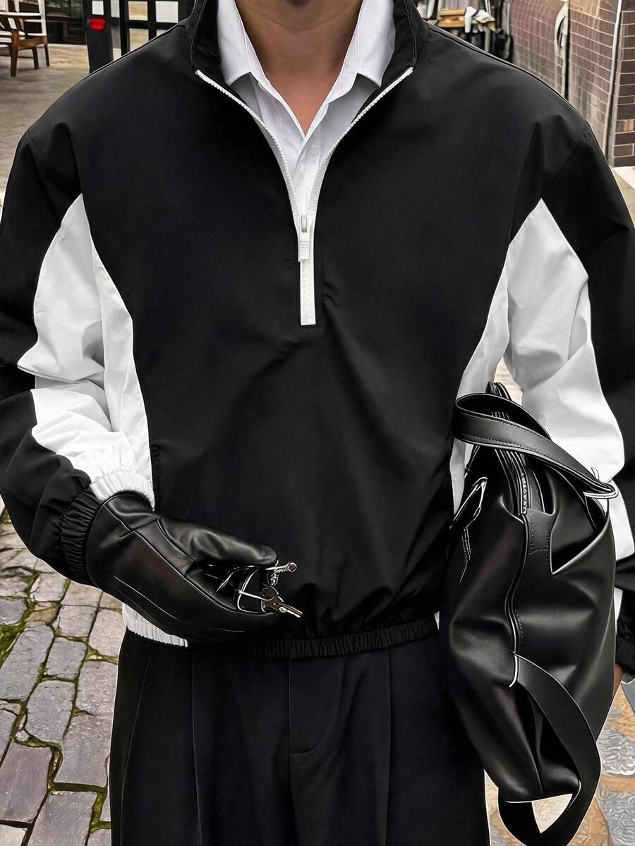 AXEPEAK Jaket Pria Kasual Streetwear Musim Gugur Aktif Warna Blok Patchwork untuk Liburan Tinju Hitam dan Putih - Hitam dan Putih - View 1