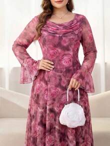 Reflora Vestido de vacaciones elegante con estampado floral, mangas con volantes y plisado, talla grande - Rosa Fucsia - Ver 4