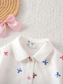 SHEIN Young Girl LMoss 女童寬鬆版型白色布洛克印花翻領休閒襯衫 - 白色 - 查看 7