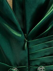 Wedding Season Girls' Premium Satin One-Shoulder Spaghetti Strap Ruffle Hem Fitted Slit Long Dress For Ball, Performance, Birthday Party, Banquet, Evening Gala, All Seasons - Dark Green - View 7