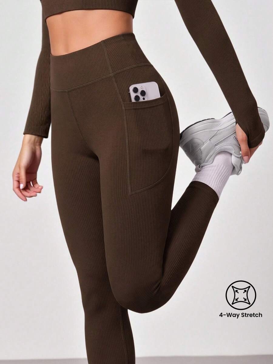 SHEIN Tween Girls' Leggings, Sports Casual Base Layer Long Pants, Ribbed Elastic Fabric, Soft And Comfortable, Side Pocket Design, Convenient For Storage, Suitable For Yoga, Casual Wear, All-Season Product - Brown - View 1