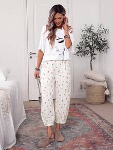 SHEIN Tall Celana Jeans Denim Kasual Serbaguna untuk Wanita dengan Motif Cetak Seluruh Permukaan, Cocok untuk Sehari-hari - Putih - View 5