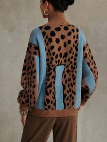 LUMIGAL Fashion Loose Blue Leopard Print Turtleneck Women's Knit Sweater Everyday Day Time Autumn Retro Vintage 70s Casual Brunch - Multicolor - View 2