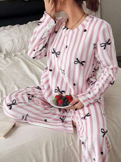 Napfluff Flannel Pullover Striped Letter & Heart Print Long Sleeve Pants Loungewear
