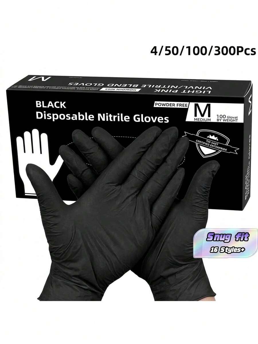 100pcs Disposable Nitrile Gloves, Powder-Free Durable, Latex-Free, Textured Fingertips, Suitable For Home And Kitchen Cleaning, Kitchen, Bathroom, Toilet, Living Room, Painting, Outdoor Travel And Household Tools, Multi-Purpose Gloves (Bagged) - Black - View 1