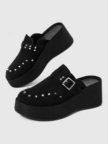 Sugerpunk Suede Fashion Rivet Model, Outer Wear, Slip-On, Thick-Soled Closed Toe, Breathable Height Increase, Slouchy Buckle With High Heels, Women - Black - View 1