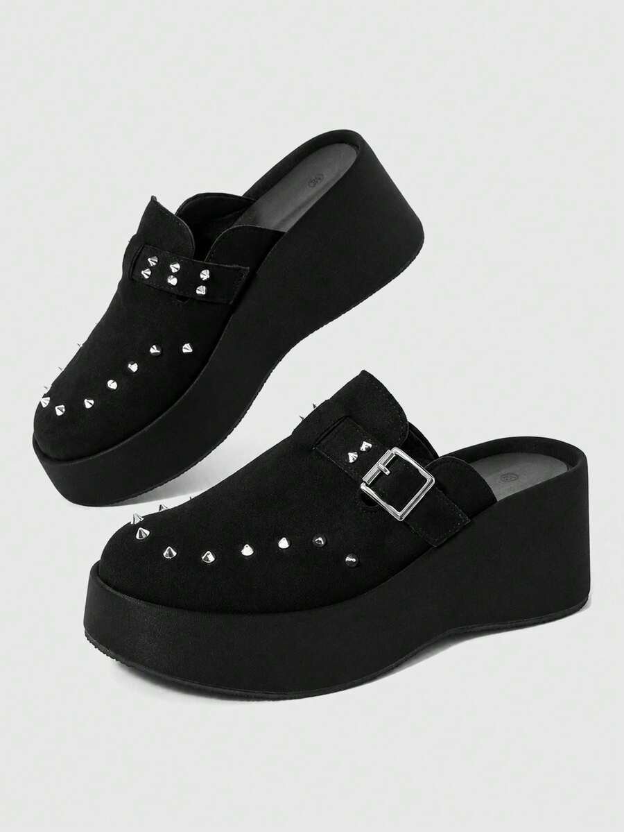 Sugerpunk Suede Fashion Rivet Model, Outer Wear, Slip-On, Thick-Soled Closed Toe, Breathable Height Increase, Slouchy Buckle With High Heels, Women - Black - View 1