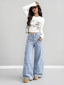 SHEIN 青少年女孩磨邊愛心淺藍色牛仔寬鬆寬腿長褲 - 藍色 - 查看 4