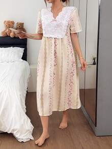 Napfluff 刺繡蕾絲V領花卉印花長款舒適柔軟女款睡袍 - 彩色 - 查看 7