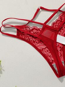 SHEIN 3pcs Lace Patchwork Thong Set - Red - View 5