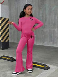 SHEIN Tween Girls Casual Street Style Solid Color Crew Neck Long Sleeve Knit Set - Hot Pink - View 6
