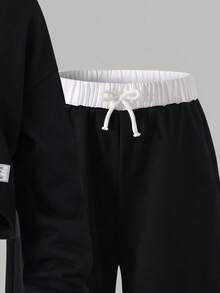 SHEIN Sparklyn Girls' Athletic Black And White Asymmetrical Neck Long Sleeve Ribbed Cuff Sweatshirt Elastic Waist Drawstring Pants Autumn Set School Student - Black - View 5