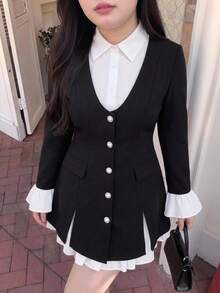 SHEIN MOD 大尺碼女款 2 合 1 黑色收腰長袖荷葉邊背心外套，優雅辦公室教師款，適合夏冬穿著，商務休閒，教師節禮物 - 黑與白 - 查看 7