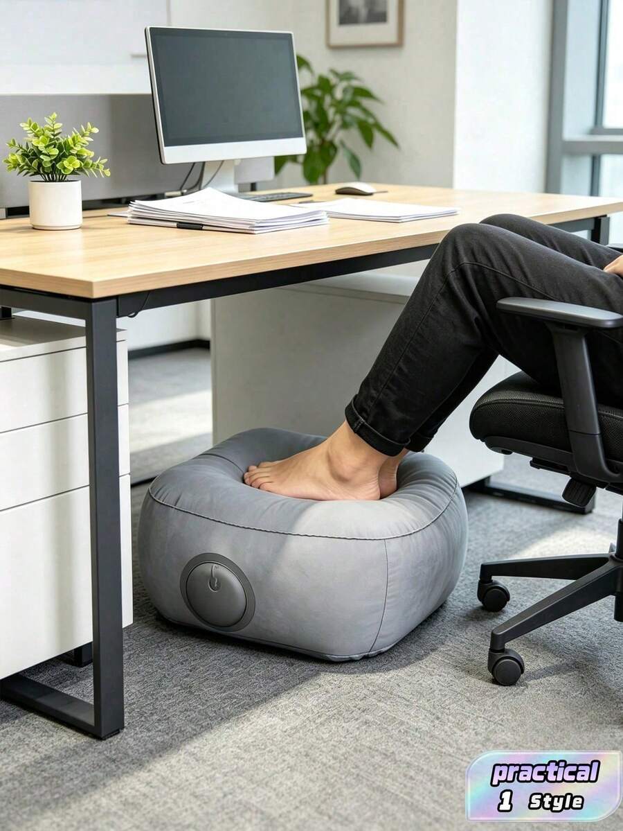 1pc Flocking Surface One Press Inflatable Adjustable Height Portable Foot Rest Lightweight Foldable Easy Storage Foot Stool For Travel Airplane Train Office Home Long Trip Comfort Travel Accessory