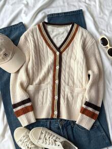 SHEIN Teen Girls Fashion Mid-Length Knit Cardigan, Contrast Color Striped Decor Cable Knit Sweater Jacket, Autumn/Winter Casual Style - Khaki - View 1