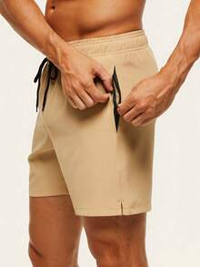 Manfinity KASUA Men's Drawstring Waist Zipper Pocket Beach Shorts, Holiday - Khaki - View 3