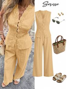 Serisse Women's Contrast Lace Single-Breasted Vest And Pants Casual Two Pieces Set - Yellow - View 9