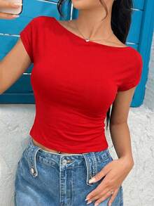 SHEIN EZwear 女士红色针织露背性感紧身T恤 - 紅色 - 查看 3