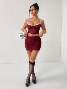 SHEIN PETITE 雙層網紗遮臀裙 - 酒紅色 - 查看 4
