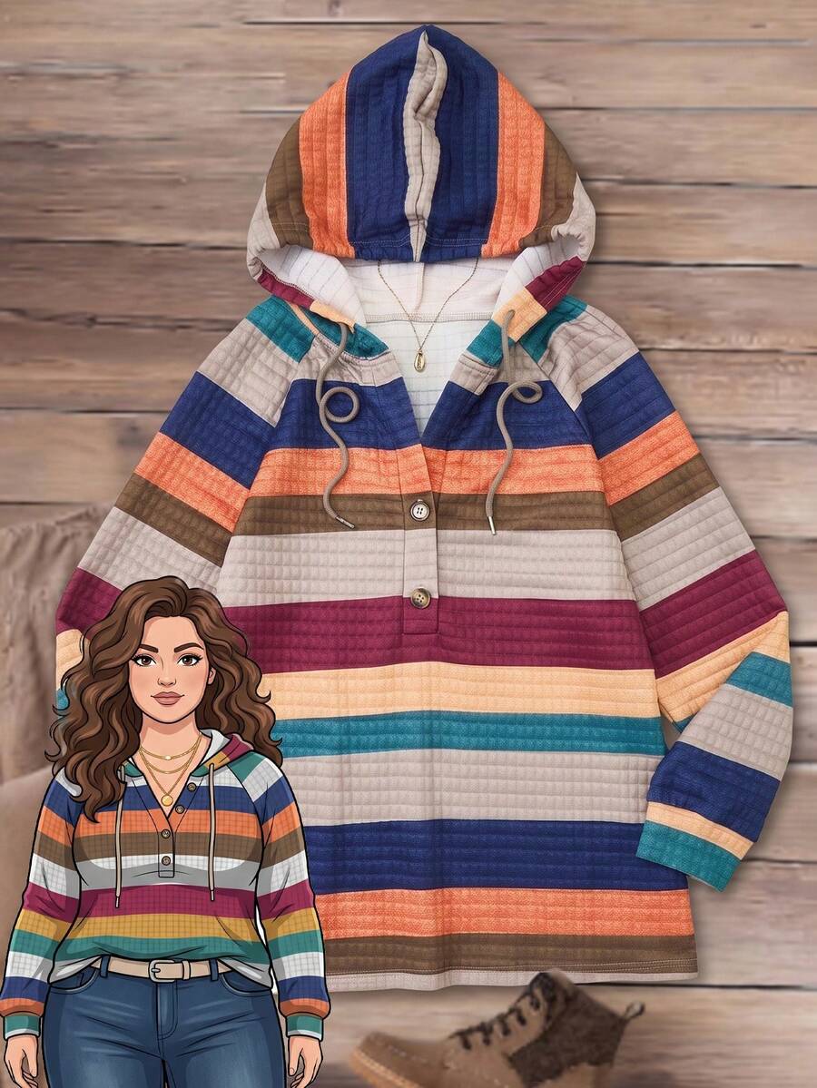 Rusticease Plus Size Textured Striped Colorblock Button Half-Zip Hooded Sweatshirt - Multicolor - View 1