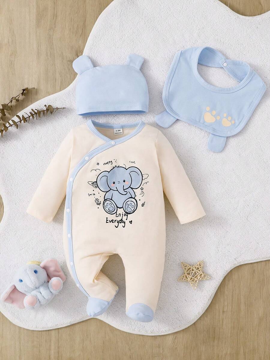 SHEIN Playful Pals 新生兒卡通印花鈕扣連身衣、帽子與圍兜 3 件套睡衣套裝 - 藍色 - 查看 1