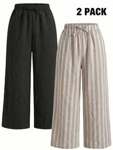 SHEIN Tween Girl Drawstring Waist Casual Versatile Daily Wear Wide Leg Long Pants 2pcs/Set - Multicolor - View 3
