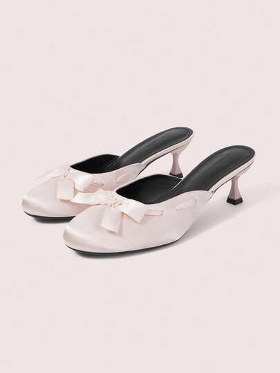 CUCCOO DOLLMOD Summer Bow Decoration Round Toe Thin Heel Low Heel Elegant Light Pink Satin Mules Daily Date Wear