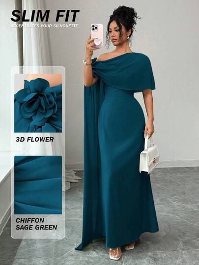 Rafferiza Women's Long Chiffon Patchwork Wrap Dress With 3D Floral Decor