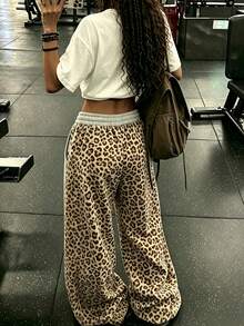 Rovax Women Grey Leopard Contrast Panel Letter Print Drawstring Wide Leg Sweatpants, Spring Autumn Y2K Street Casual Style, Daily Sports Vacation Loose Tr - Multicolor - View 2