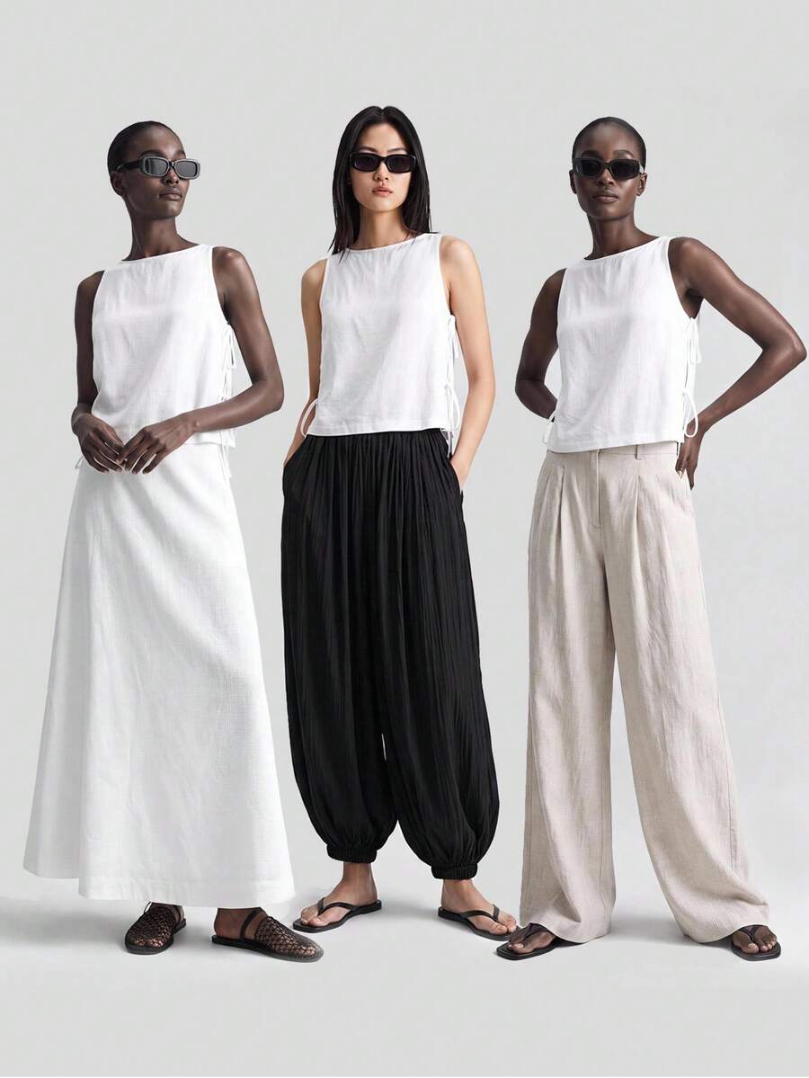 Ontre Women's All White Summer Casual Elegant Modest Sexy Simple Vacation Holiday Linen Side Bow Design Sleeveless Round Neck Tank Top,Spring Beach