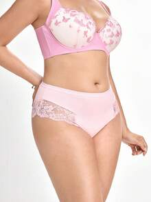 Slumbrini 1pc Plus Size Women's Lace Patchwork Underwear - Pink - View 6