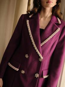 MOTF PREMIUM WOMEN'S ELEGANT CONTRAST FAUX PEARLS TAPE TRIM OVERCOAT, AUTUMN/WINTER - Purple - View 2