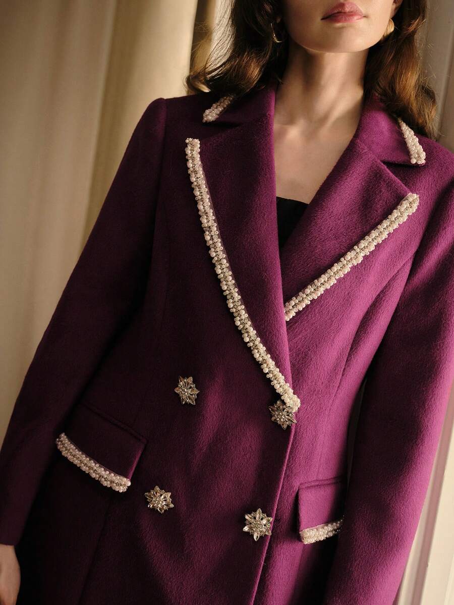 MOTF PREMIUM WOMEN'S ELEGANT CONTRAST FAUX PEARLS TAPE TRIM OVERCOAT, AUTUMN/WINTER