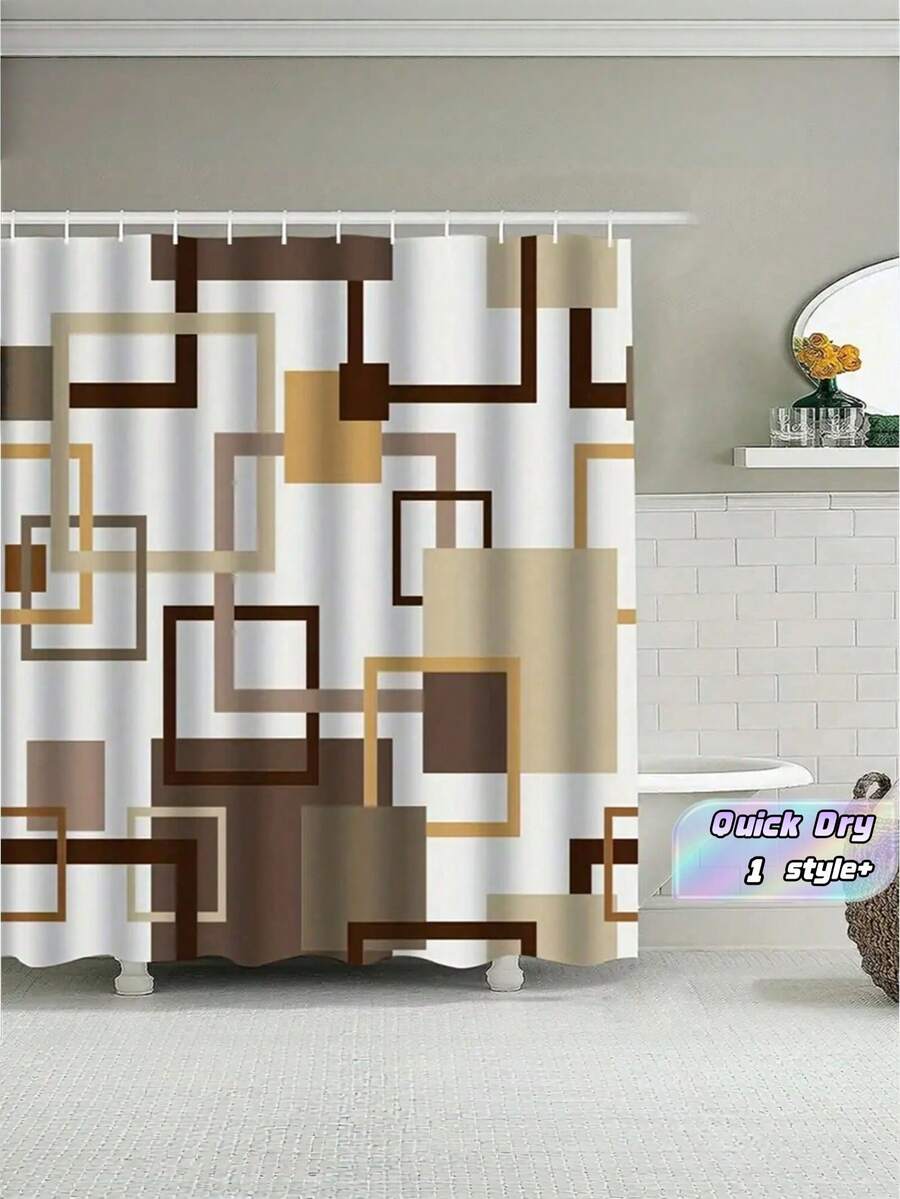 1 Pc Brown Geometric Shower Curtain Waterproof Polyester Machine Washable Fabric Privacy Protection Quick Dry For Bathroom Window Home Decor With Hooks - Multicolor - View 1