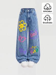 SHEIN Girlism 女童寬鬆藍色牛仔褲，花卉與字母塗鴉圖案，可愛 Y2K 風格藍色牛仔褲 - 藍色 - 查看 3