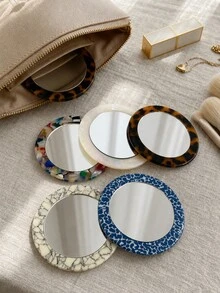 Haus Hana 1pc Dongdaemun Stylish Vintage Acetate Geometric Compact Mirror, Portable Round Makeup Pocket Mirror - Multicolor - View 2