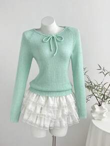Elamini Solid Color Sequin Knit Sweater, Spring/Autumn Women's Pullover Top, Long Sleeve Bow Tie Thin Style - Mint Green - View 1