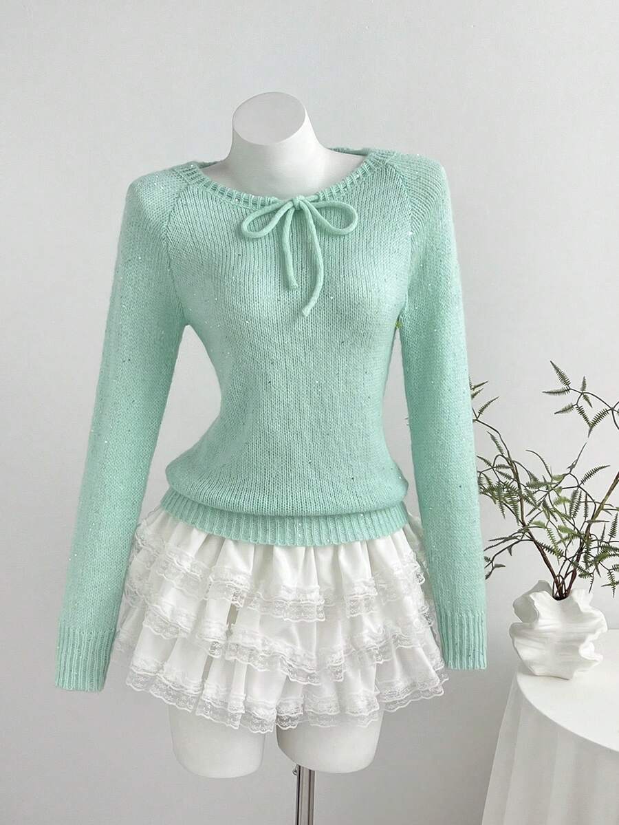 Elamini Solid Color Sequin Knit Sweater, Spring/Autumn Women's Pullover Top, Long Sleeve Bow Tie Thin Style - Mint Green - View 1