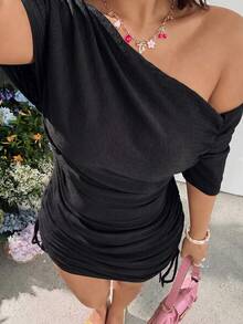 GalTyme Plus Size Fashion Solid Color Asymmetrical Shoulder Ruched Drawstring Sexy Dress - Black - View 4