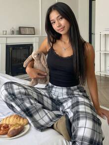 少女蕾丝拼接吊带背心和格子阔腿裤休闲家居服套装 - 黑色 - 查看 5